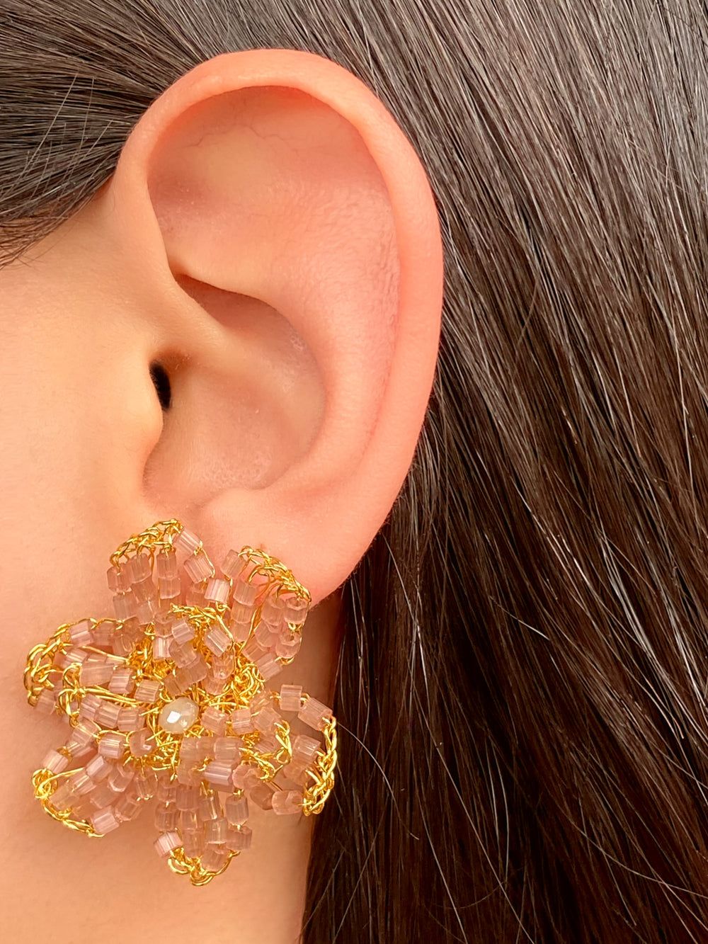 Par Arete Flor Rosa Con Dorado