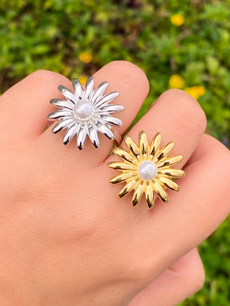 Anillo Flor Margarita Con Perla