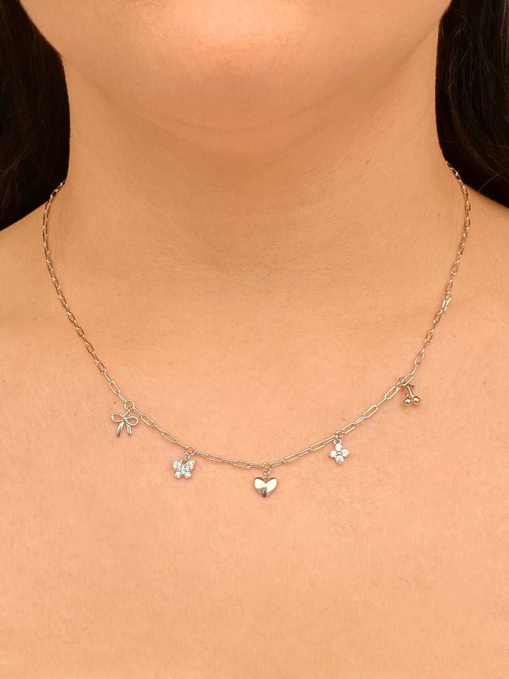 Collar Con Dije Moño, Cereza, Corazon y Mariposa