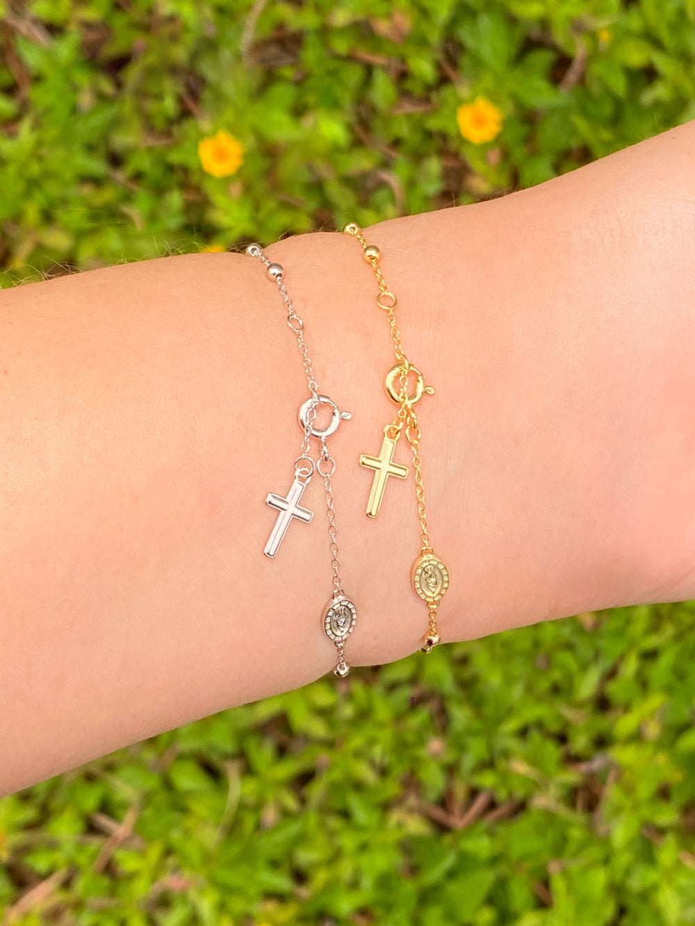 Pulsera Cruz Y Virgen Bolitas