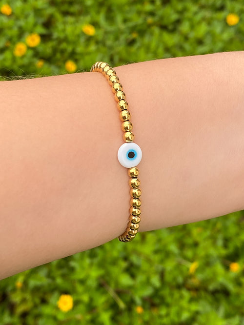 Pulsera Bolitas Doradas Con Ojo