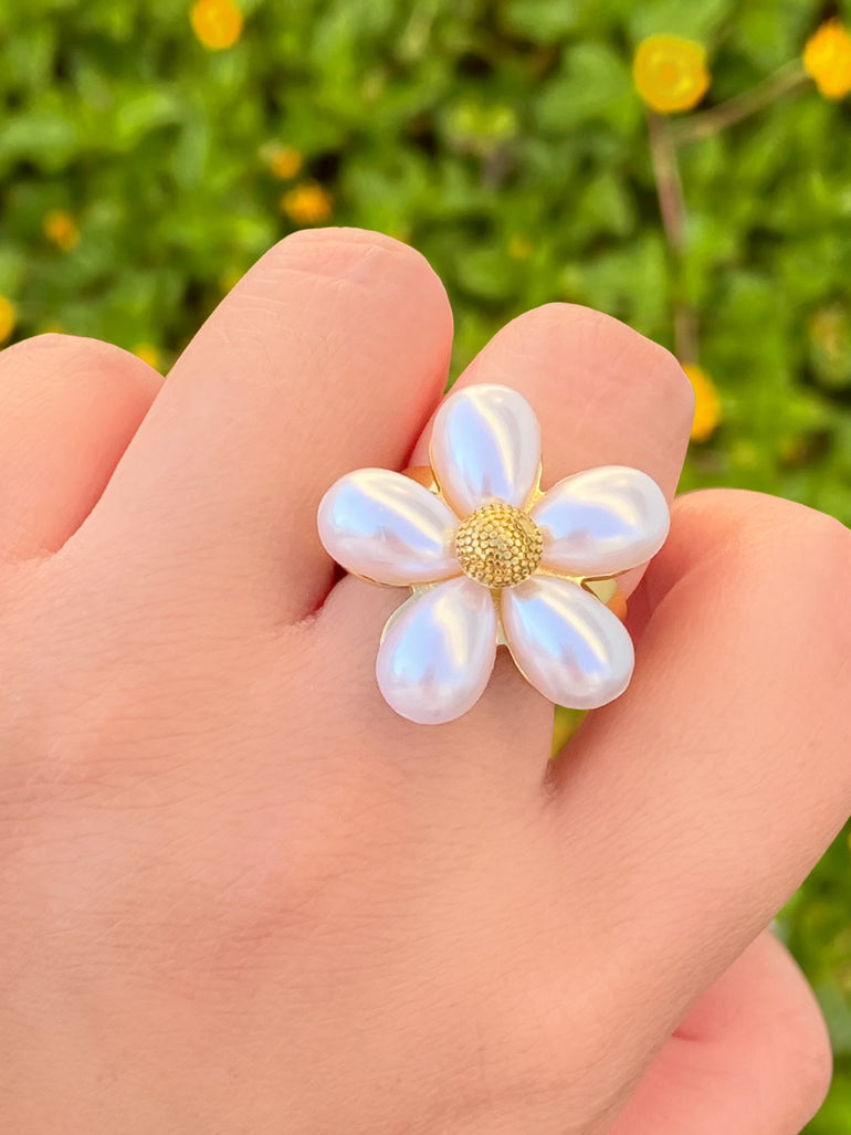 Anillo Flor Con Petalos Perla