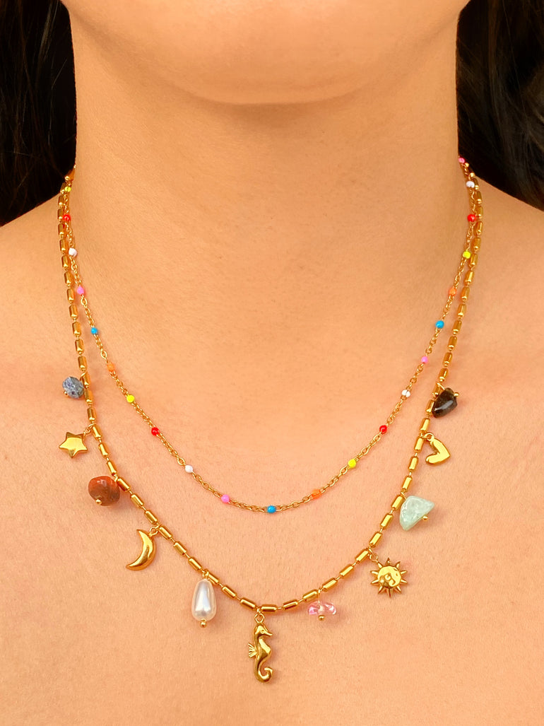 Collar Doble Dijes y Piedras De Colores