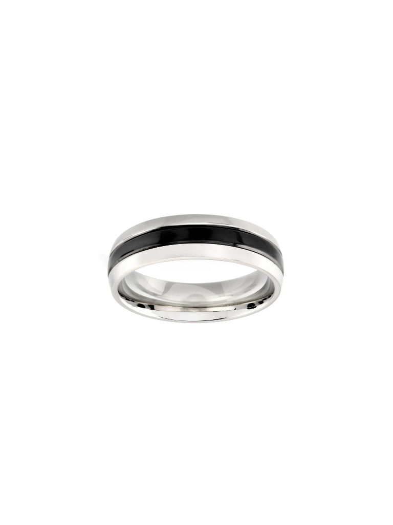 Anillo Plateado Con Linea Negra 6 mm