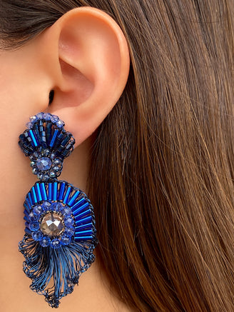 Par Arete Largo Azul Con Semi Circulo