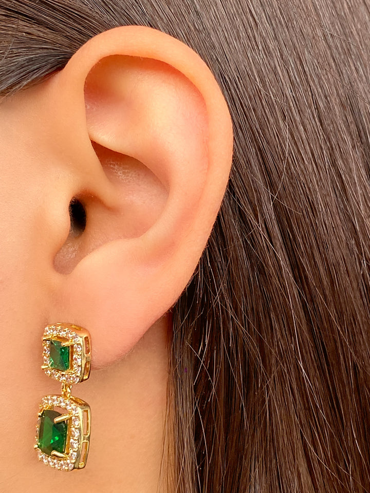 Par Arete Doble Cuadrado Colgante Zirconias Verde