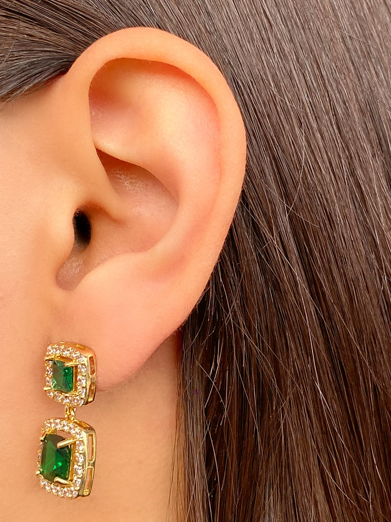 Par Arete Doble Cuadrado Colgante Zirconias Verde
