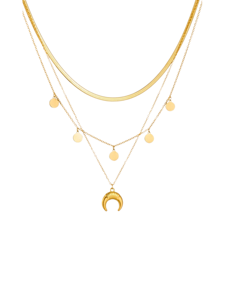 Collar Triple Planchado Con Circulos y Dije Luna