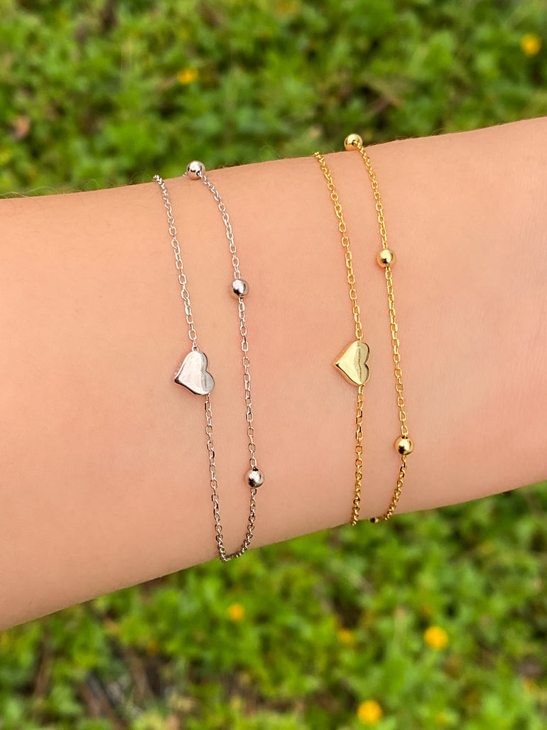 Pulsera Doble Cadena Bolitas Con Corazon