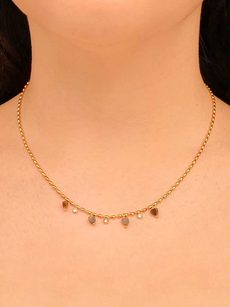 Collar Bolitas Ovaladas Con Corazones Cafe