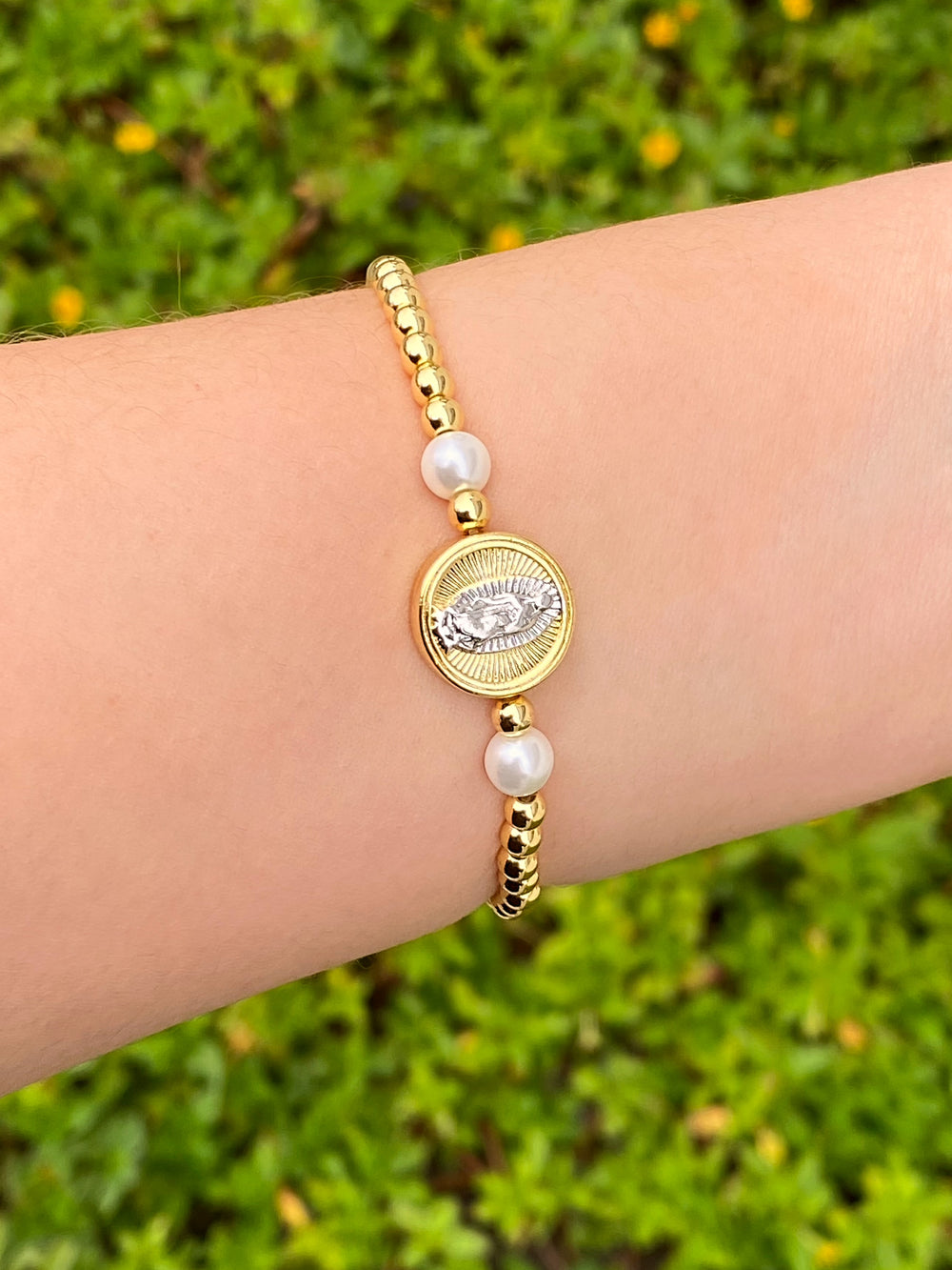 Pulsera Bolitas Virgen Plateada Con Perlita