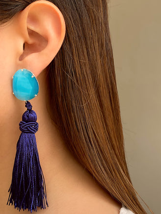 Par Arete Ojo de Gato Celeste Con Colgante Azul