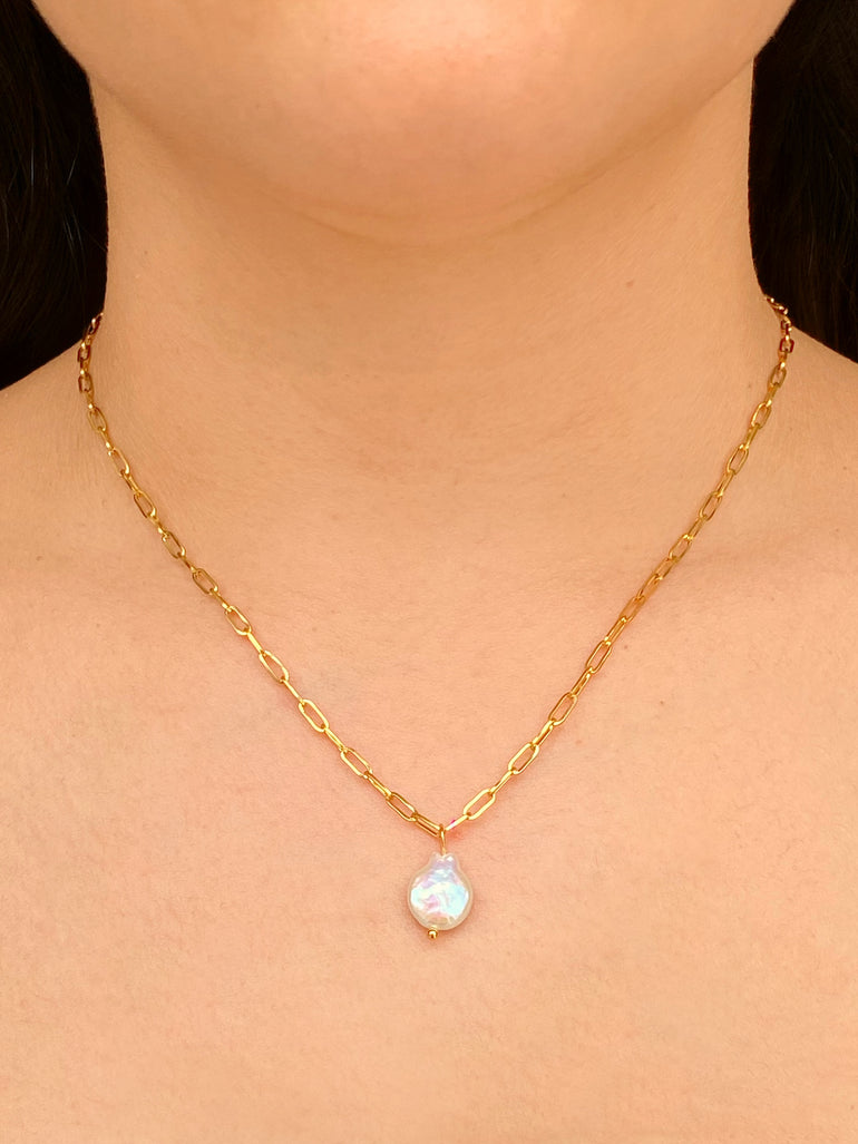 Collar Eslabon Con Dije Perla Irregular