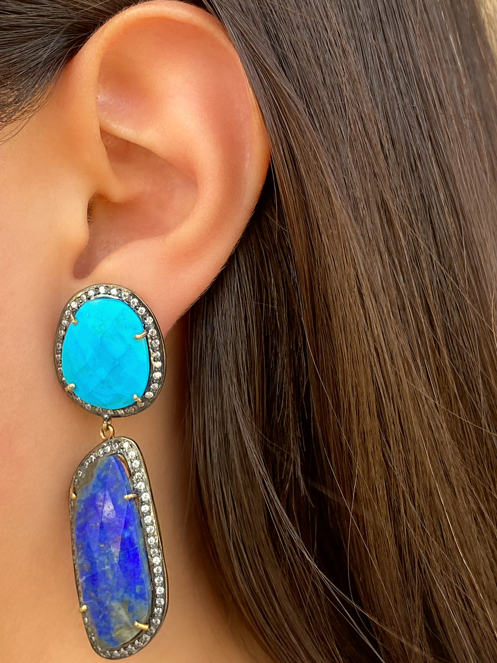 Par Arete Doble Piedra Lapisl√°zuli y Turquesa