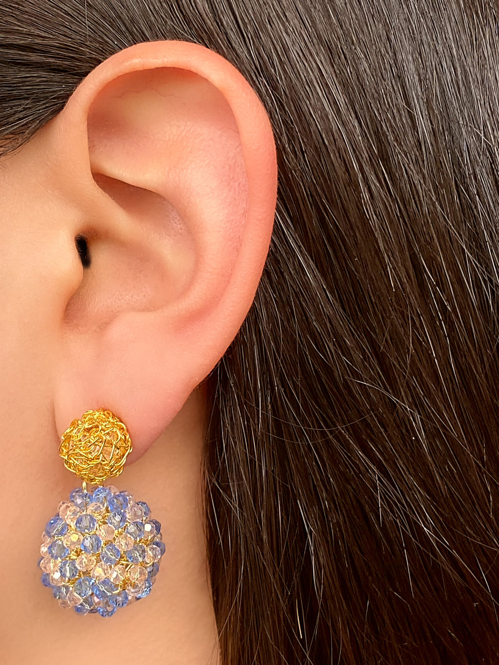 Par Arete Doble Bola Dorado Y Azul