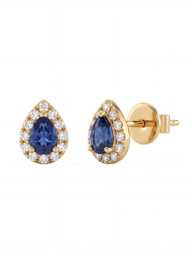 Par Arete Zafiro Corte Pera Con Halo 0.49 Ct Diamante Natural