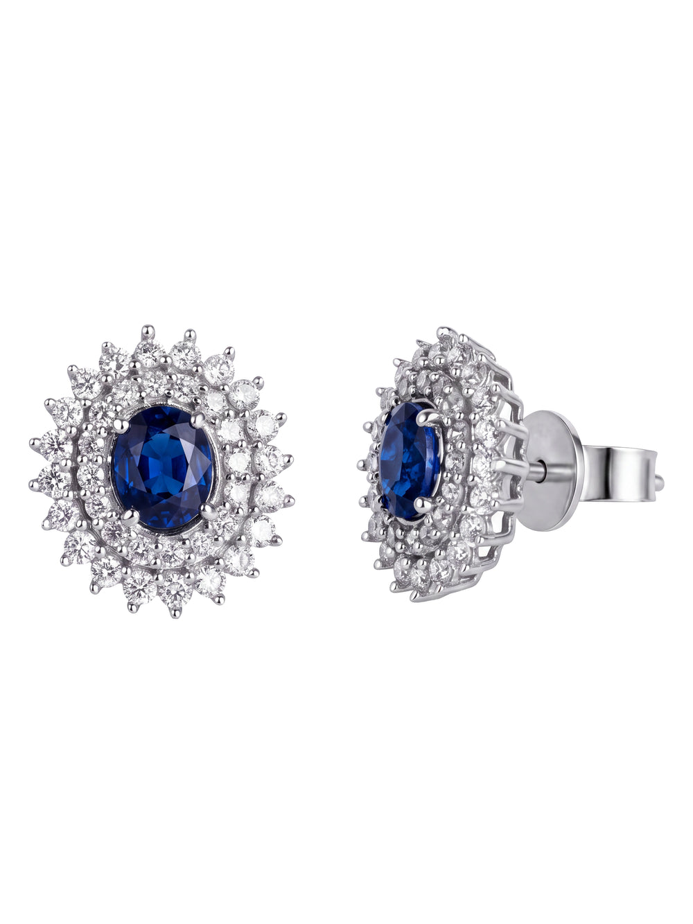 Par Arete Zafiro Corte Oval Con Doble Halo De Diamantes 1.5 CTTW