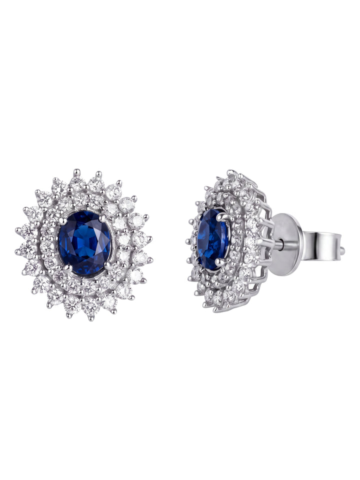 Par Arete Zafiro Corte Oval Con Doble Halo De Diamantes 1.5 CTTW