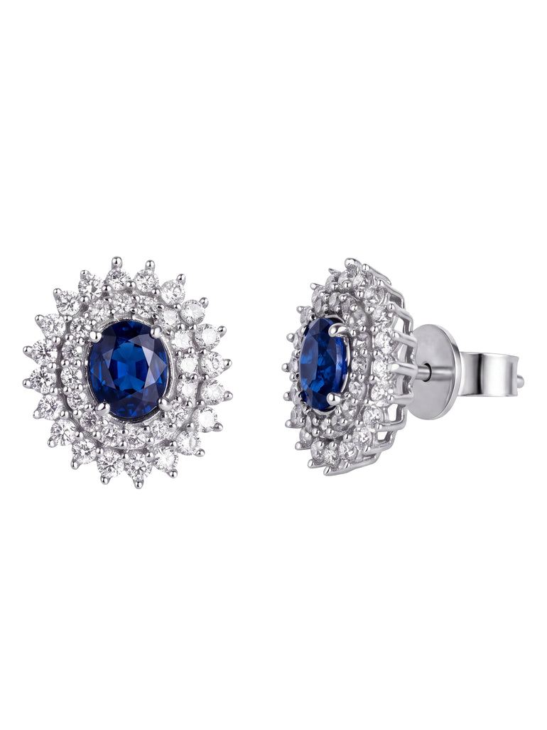 Par Arete Zafiro Corte Oval Con Doble Halo De Diamantes 1.5 CTTW