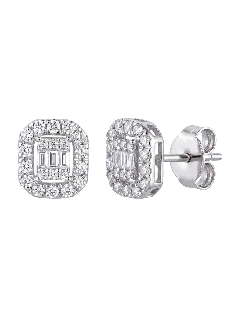 Par Arete Diamante Natural Corte Baguette y Redondo Con Halo 0.26 Ct