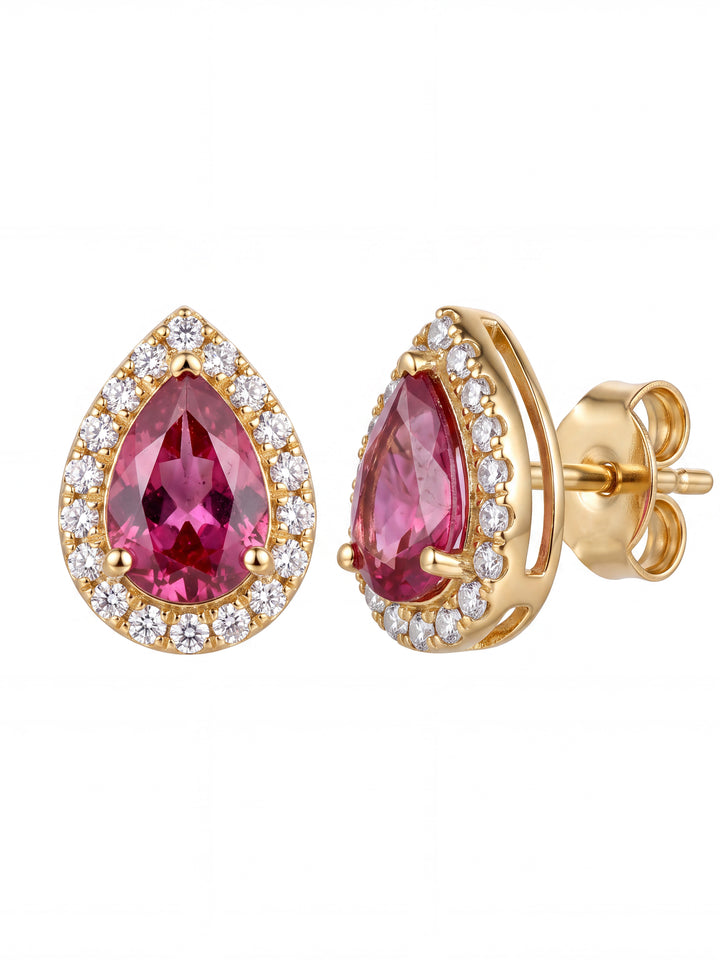 Par Arete Rubí Corte Pera Con Halo De Diamantes 1.15 CTTW