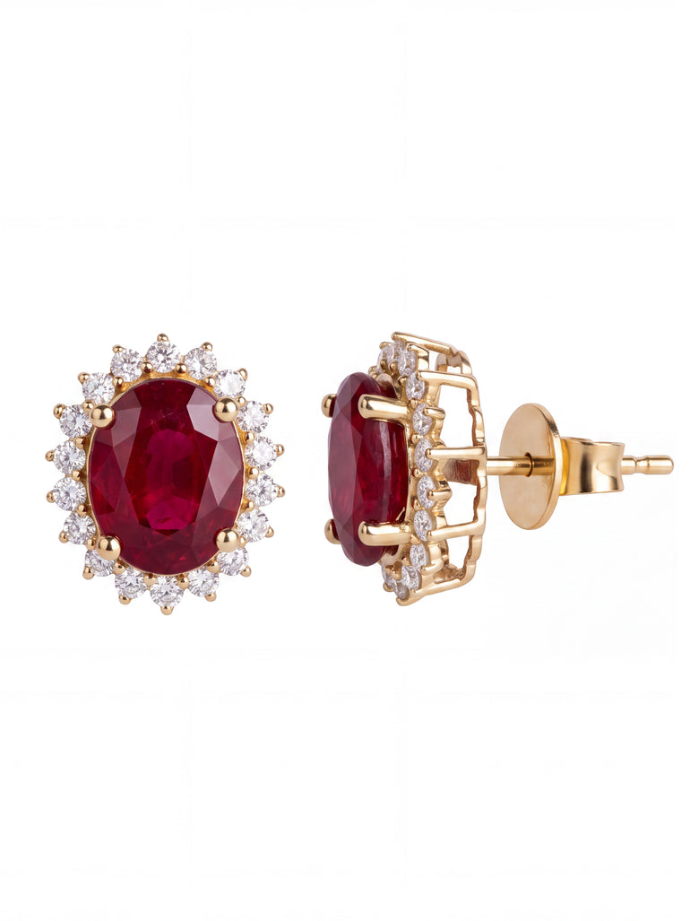 Par Arete Rubí Corte Ovalo Con Halo De Diamantes 5.55 CTTW