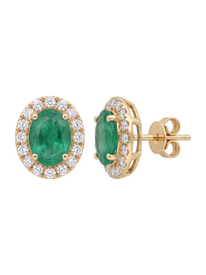 Par Arete Mini Esmeralda Corte Oval Con Halo De Diamantes 0.43 CTTW