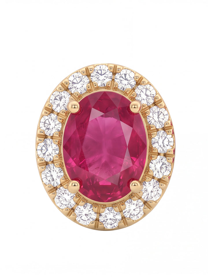 Par Arete Mini Rubí Corte Oval Con Halo De Diamantes 0.55 CTTW