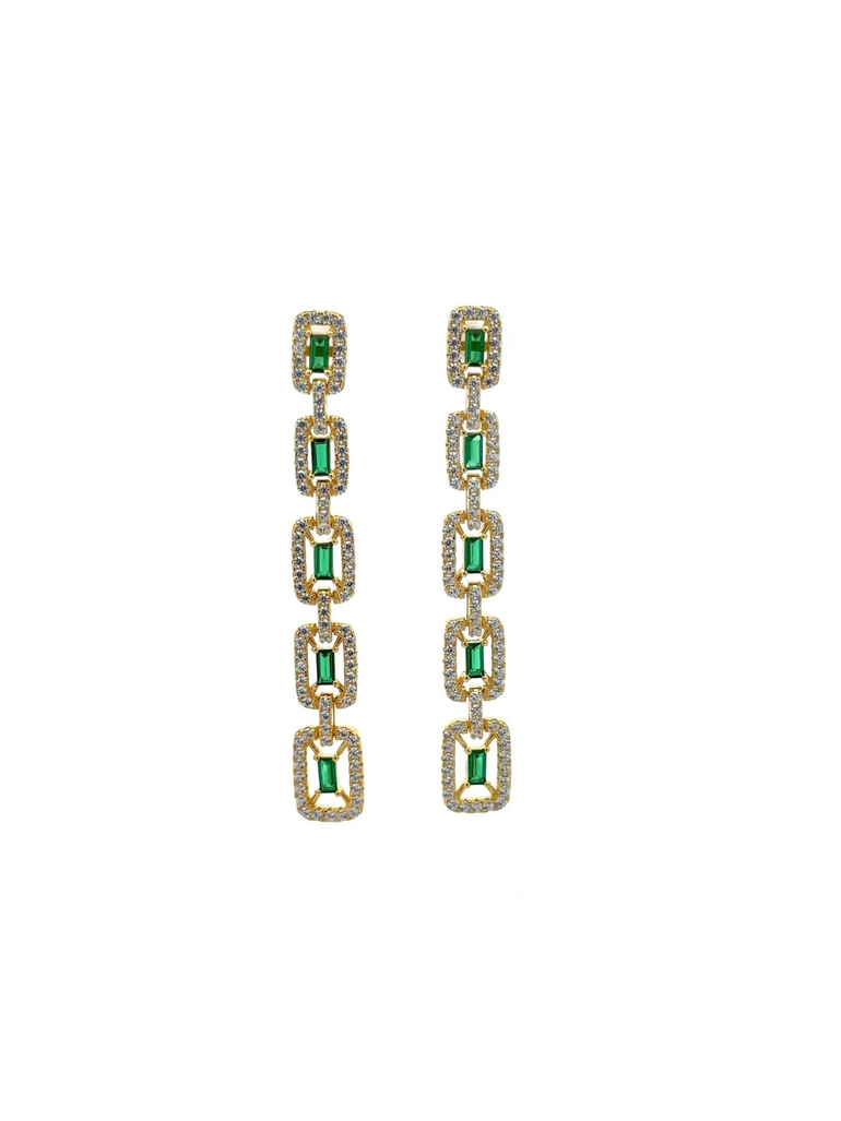 Par Aretes Dorados Largos Con Baguette Verde