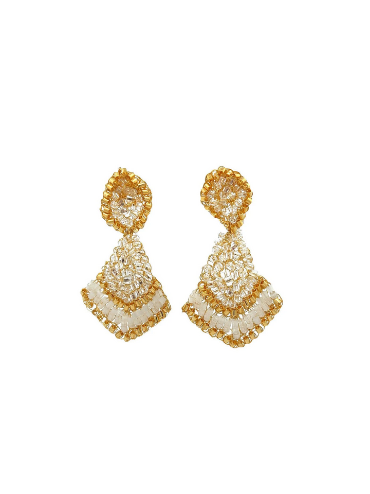 Par Arete Triangulo Pequeño Dorado Con Blanco