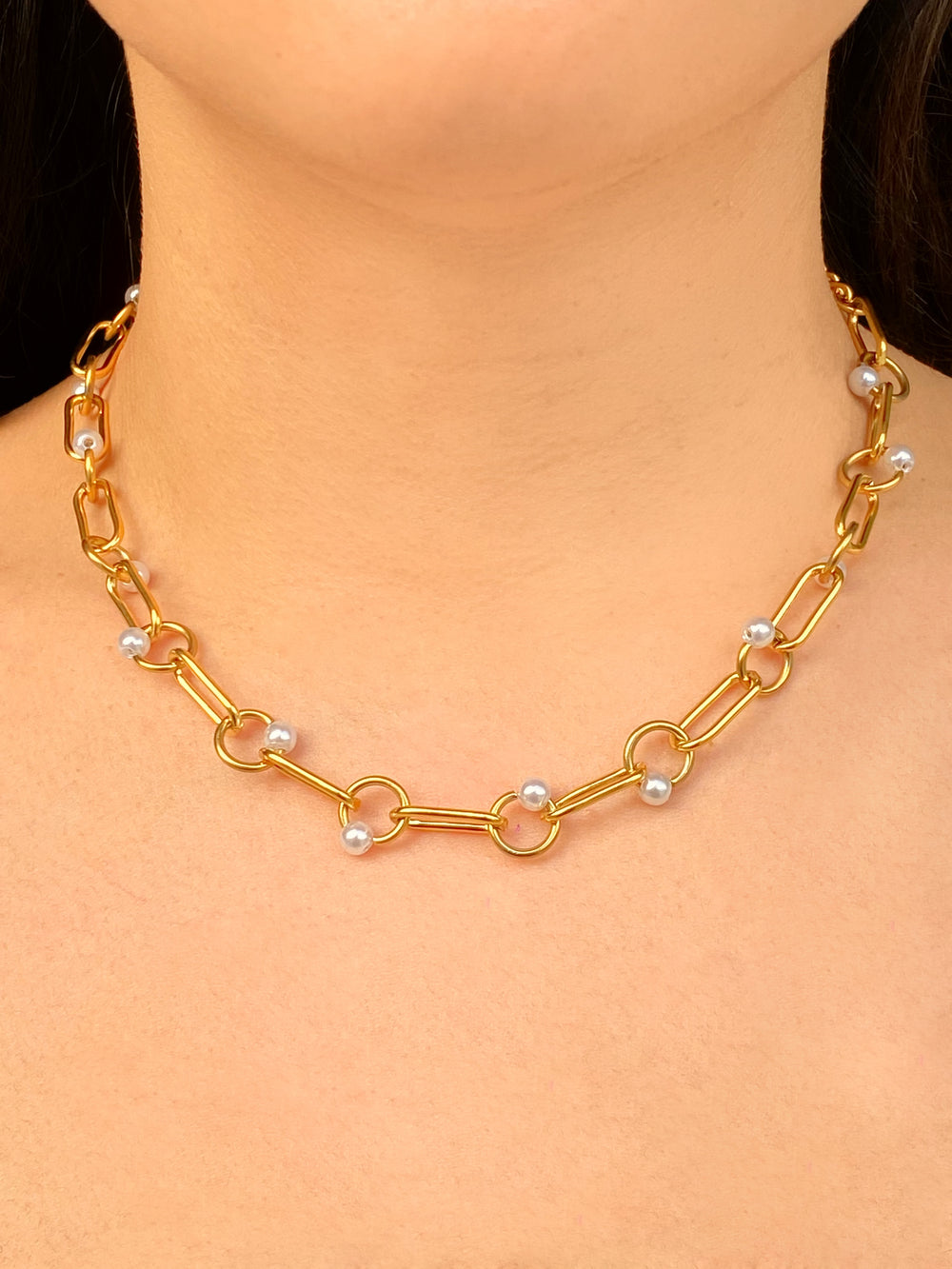 Collar Eslabon Ovalado y Rectangular Con Perlas