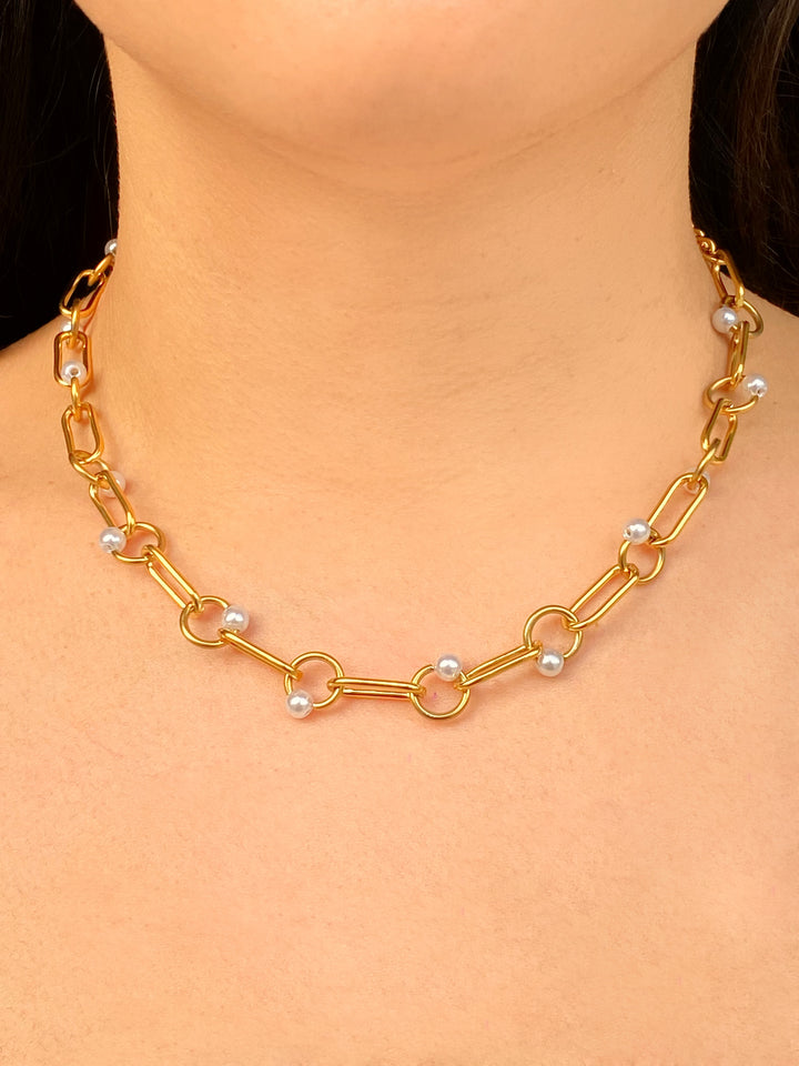 Collar Eslabon Ovalado y Rectangular Con Perlas