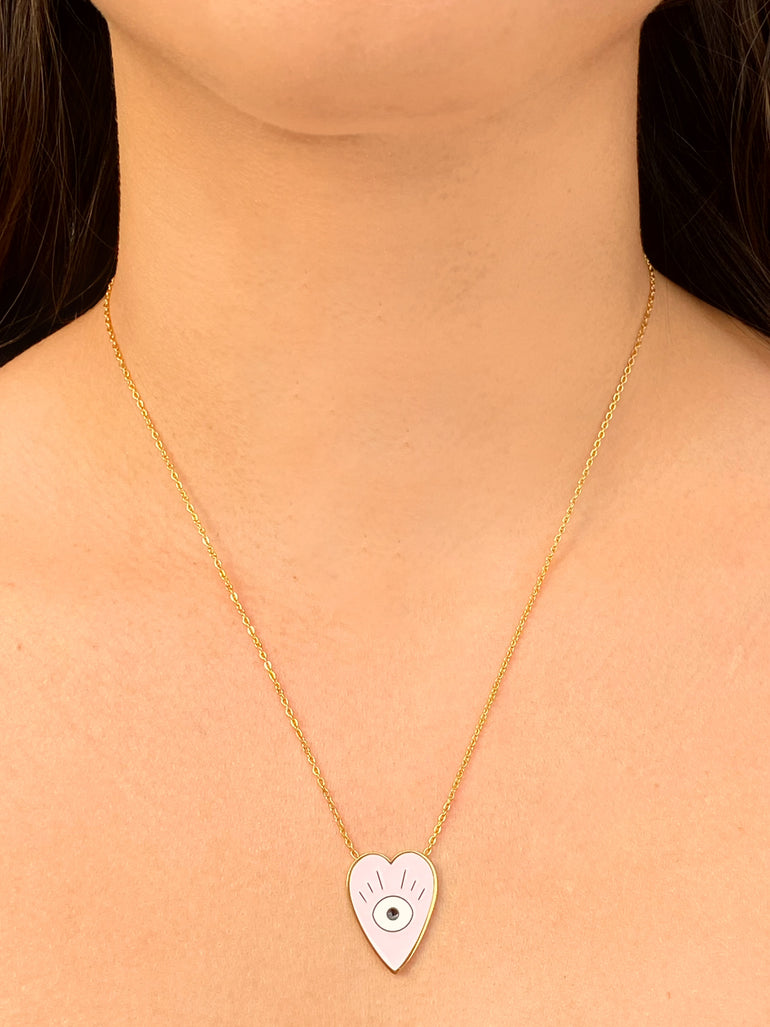 Collar Dije Corazon Rosa Con Ojo