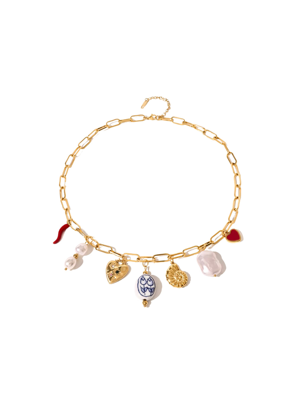Collar Eslabones Con Dijes Corazon, Perlas y Flores Azules