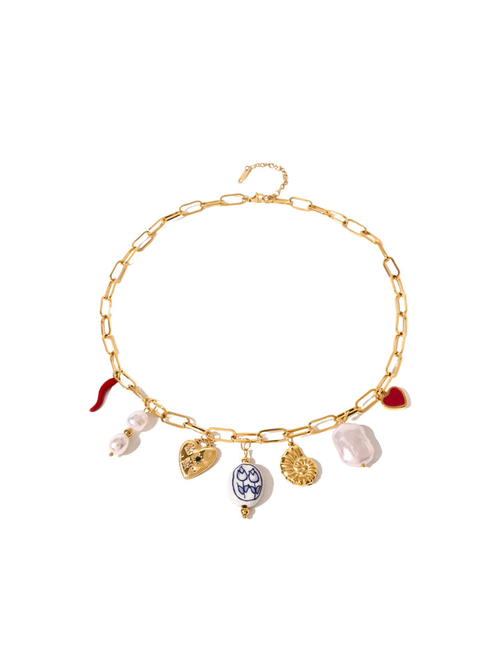 Collar Eslabones Con Dijes Corazon, Perlas y Flores Azules