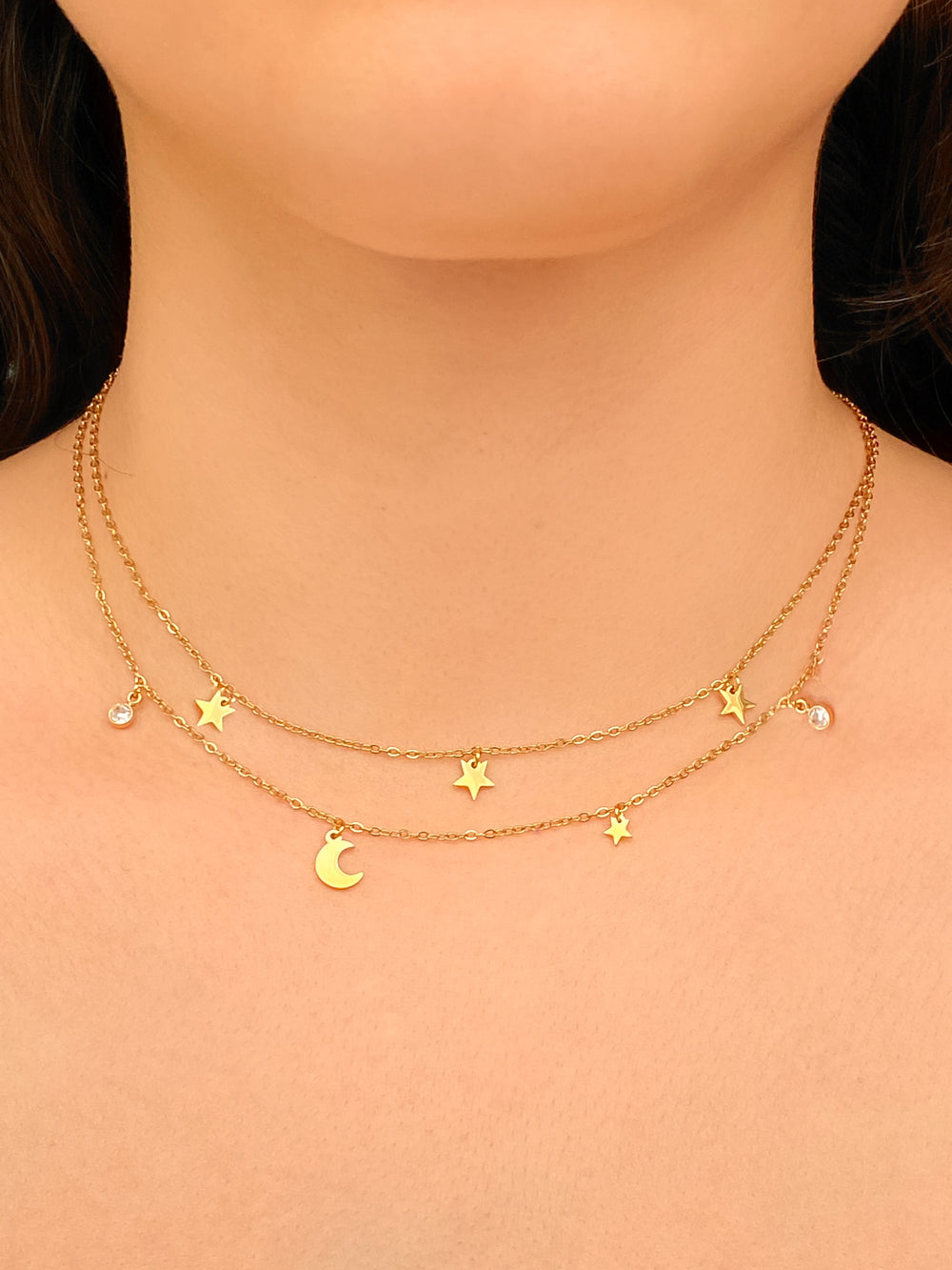 Collar Doble Con Dijes Estrellas y Lunas