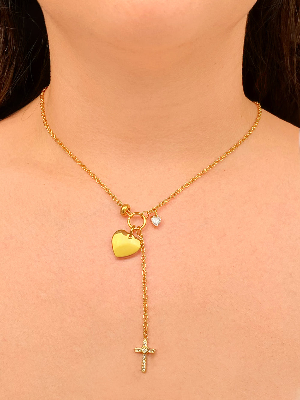 Collar Largo Con Circulo Dije Corazon, Cruz y Zirconia