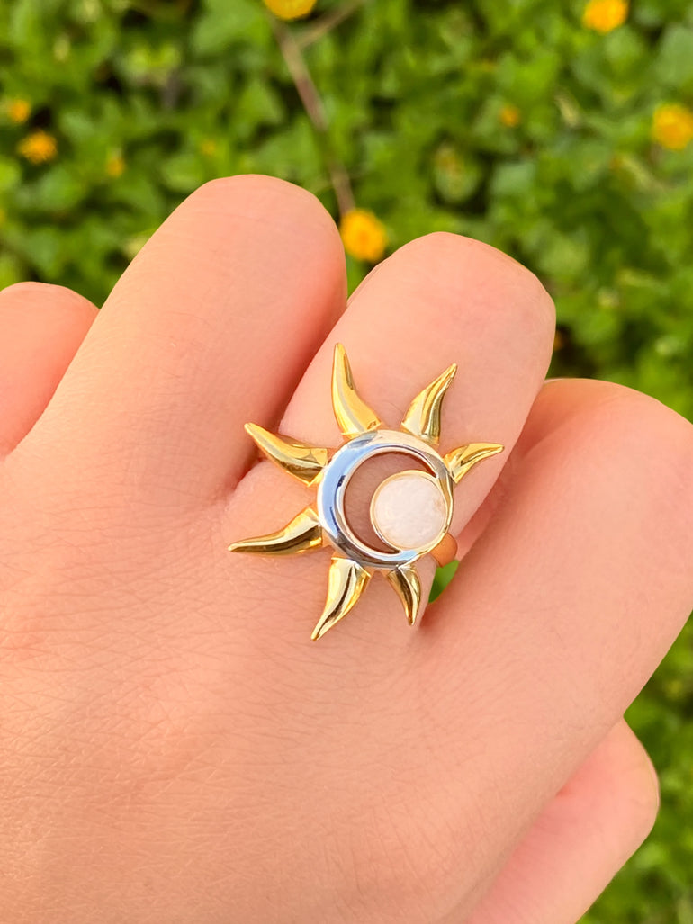 Anillo Media Luna y Sol Con Piedra