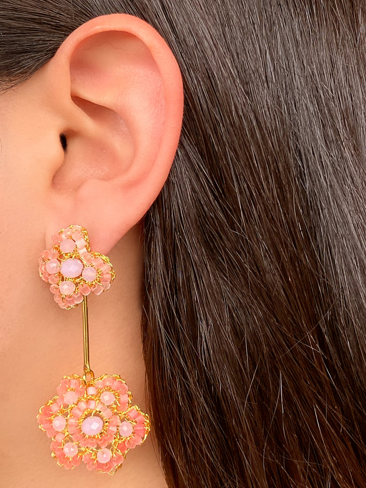 Par Arete Doble Flor Rosa 2 en 1