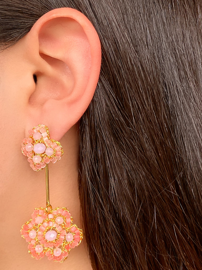 Par Arete Doble Flor Rosa 2 en 1