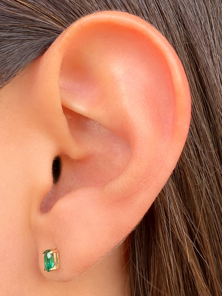 Arete Broquel Solitario Oval Esmeralda Oro 14k