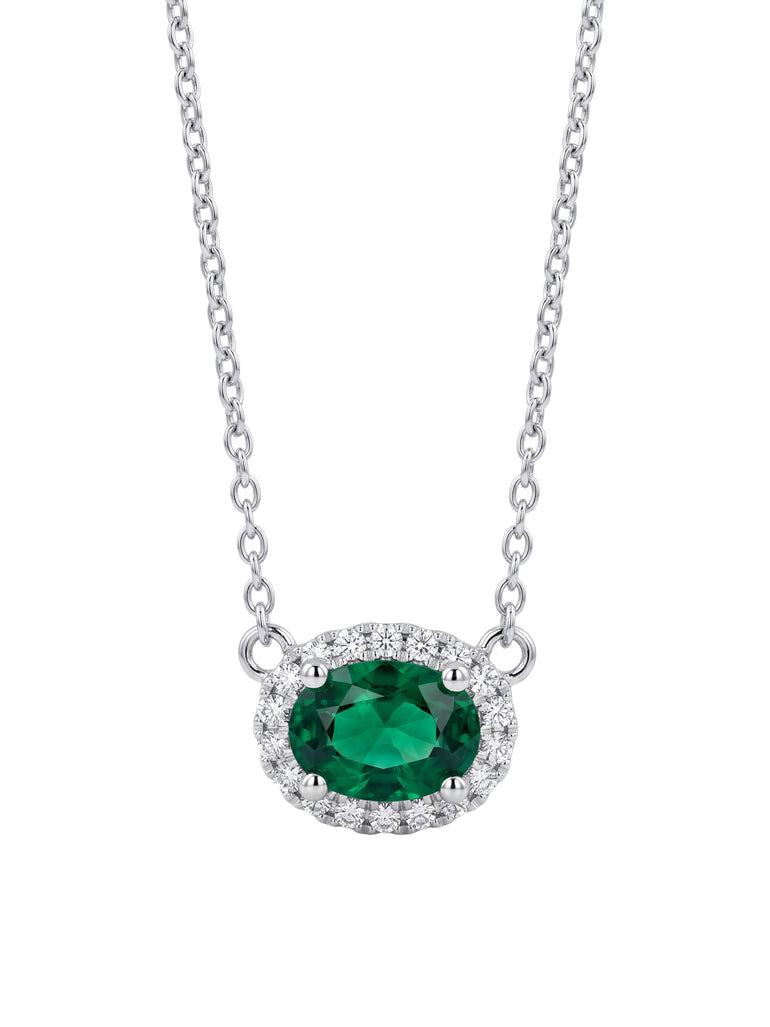 Collar Esmeralda Corte Oval con Halo 0.09 Ct Diamante Natural