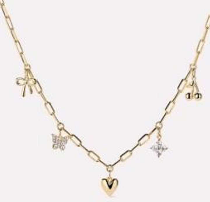 Collar Con Dije Moño, Cereza, Corazon y Mariposa