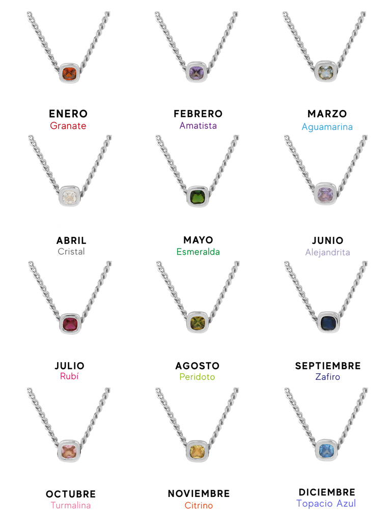 Collar Birthstone Cuadrado Plateado