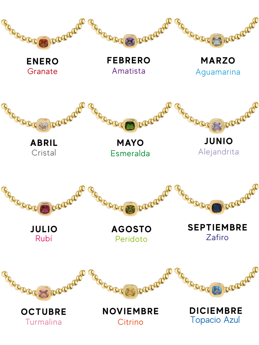 Pulsera Dorada Bolitas Birthstone Cuadrado
