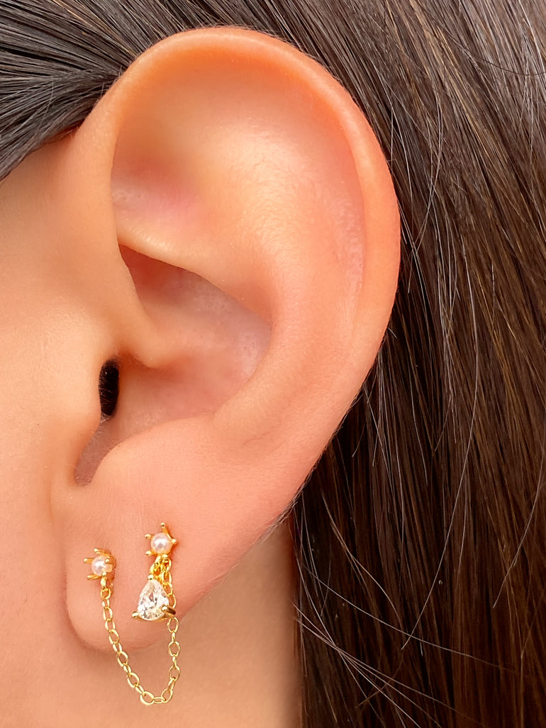 Arete Cadena Con Doble Perla y Zirconia