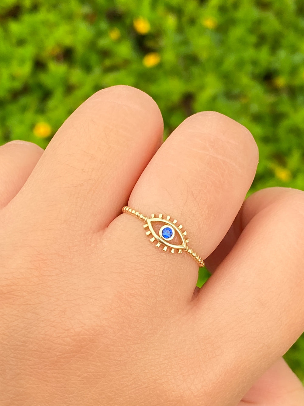 Anillo Bolitas Ojo Azul Oro 14k