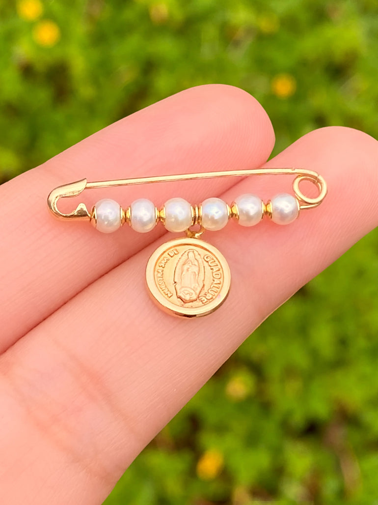 Segurito Con Perlas y Virgen Guadalupe Oro 14k