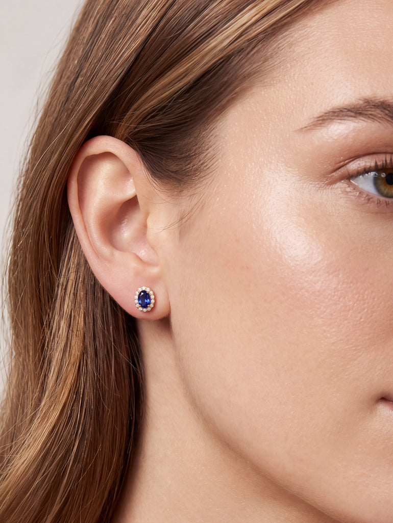 Par Arete Zirconia Azul Ovalada Con Halo