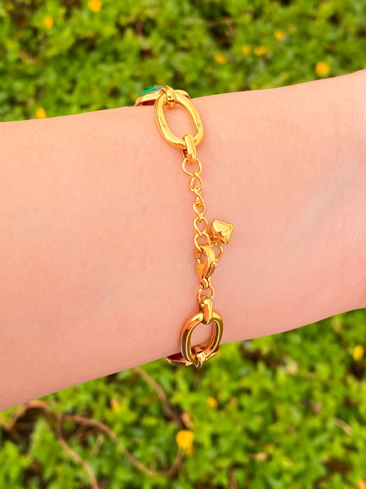 Pulsera Eslabones Con Tres Zirconias Verdes